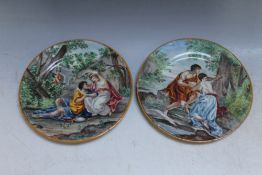 TWO SMALL ITALIAN STYLE TIN GLAZE PLATES, one depicting Angelica & Medore, the other Rinaldo &