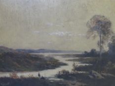 (XIX-XX). British school, extensive wooded loch scene with anglers, unsigned, oil on board,