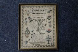 GEORGE III SAMPLER 'ADAM & EVE EXPELLED FROM THE GARDEN OF EDEN', by Ann Bradbury aged 13, 1814,