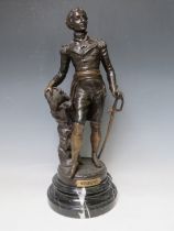 A LARGE BRONZE CAST DUKE OF WELLINGTON STATUE, mounted on a turned marble base, signed Sylvain