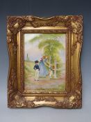 A HAND PAINTED RECTANGULAR PORCELAIN PANEL SIGNED BY E.R. BOOTH, decorated with a lady and two