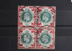 POSTAGE STAMPS - S.G. 257a 1905 1/= DULL GREEN AND CARMINE, a superb used block of 4