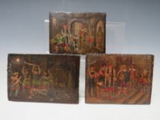 A SET OF THREE 19TH CENTURY OILS ON PANEL, interior scenes with figures, signed with initials
