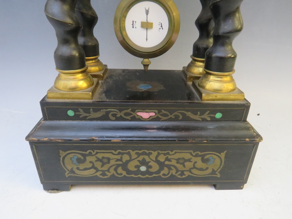 A LATE 19TH CENTURY PORTICO CLOCK, having a black ebonised frame with various boule embellishment - Image 3 of 7