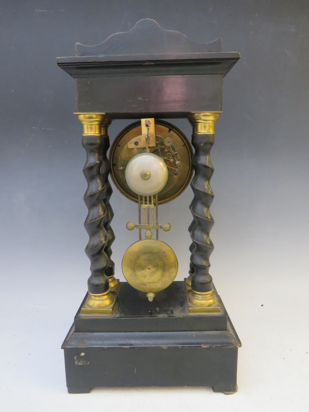 A LATE 19TH CENTURY PORTICO CLOCK, having a black ebonised frame with various boule embellishment - Image 6 of 7