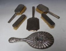 A FIVE PIECE HALLMARKED SILVER ART DECO STYLE DRESSING TABLE SET - BIRMINGHAM 1935, together with