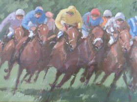 (XIX-XX). An impressionist horse racing scene, unsigned, oil on canvas laid on board, framed and