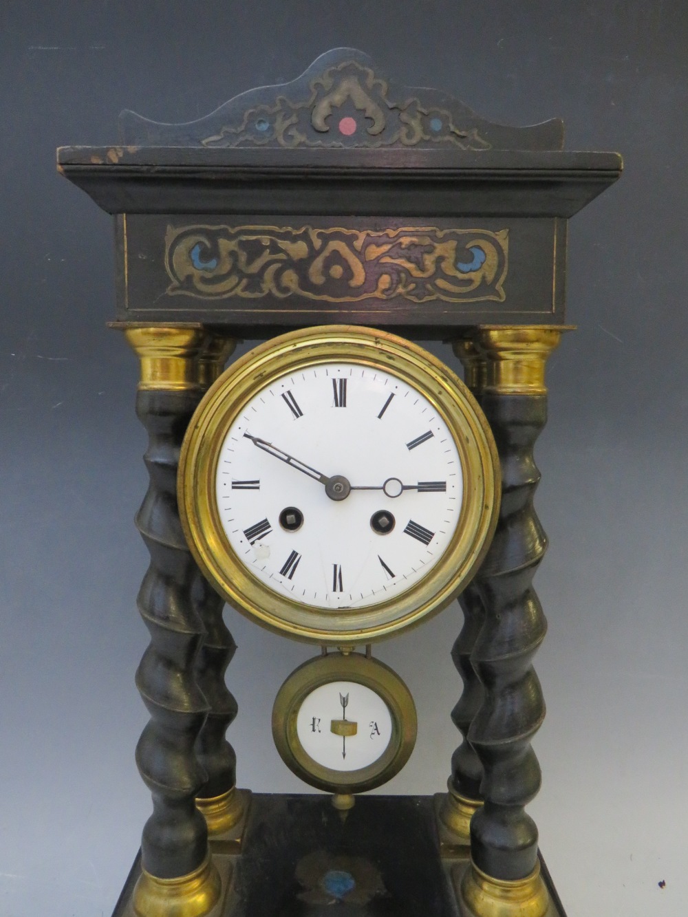 A LATE 19TH CENTURY PORTICO CLOCK, having a black ebonised frame with various boule embellishment - Image 2 of 7