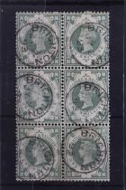 POSTAGE STAMPS - S.G. 211 1/= DULL GREEN, a FU block of six with Brighton CDS's, lovely colour