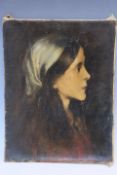 (XIX-XX). Head and shoulder portrait study of a young woman, unsigned, oil on canvas, unframed, 27 x