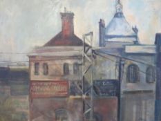 ANN WATKIN (XX). Industrial town scene in Hanley, Staffordshire, with various businesses to