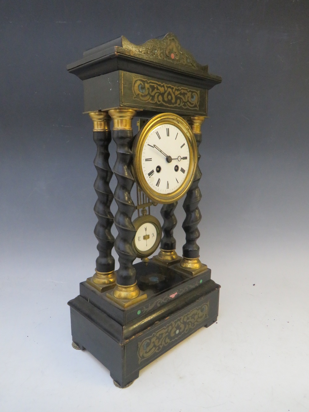A LATE 19TH CENTURY PORTICO CLOCK, having a black ebonised frame with various boule embellishment - Image 5 of 7