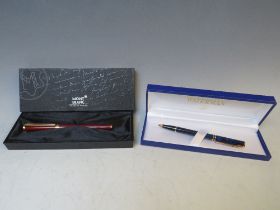 A BOXED MONT BLANC NOBLESSE OBLIGE FOUNTAIN PEN WITH 14KT NIB, together with a boxed Watermans