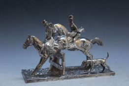 A HEAVY HALLMARKED SILVER EQUESTRIAN TABLEAU - LONDON 1975, featuring a lady and gentleman jumping a