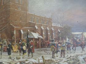 R. SIMM (XX). Winter English Civil War scene with horses and numerous figures before a church,