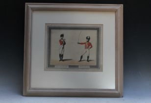 (XVIII). Studies of swordplay positions 'Half Circle Guard & Medium Guard', unsigned, coloured print