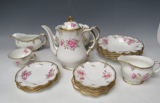 A ROYAL CROWN DERBY 'PINXTON ROSE' PATTERN PART DINNER SET, to include a tea pot - H 18 cm, a coffee