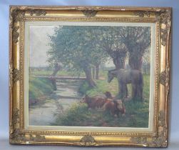 ALBERT CAULLET (1875-1950). Belgian school, study of a horse and cattle resting by a tree lined