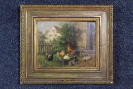 ATTRIBUTED TO CARL JUTZ (1916-1960). Farmyard scene with numerous chickens, signed lower right,