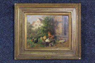 ATTRIBUTED TO CARL JUTZ (1916-1960). Farmyard scene with numerous chickens, signed lower right,