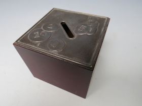 A HALLMARKED SILVER TOPPED CHILDS MONEY BOX - SHEFFIELD 2005, 9 x 9 cm