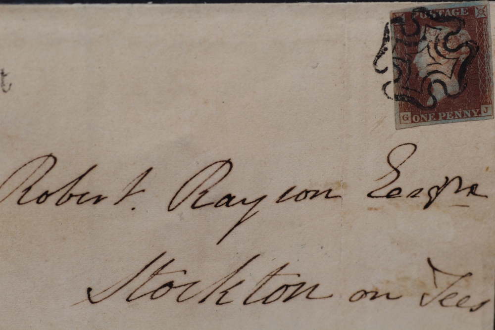 POSTAGE STAMP - 1841 1d RED, on deeply blued paper, on cover Neacham to Stockton on Tees, FU,