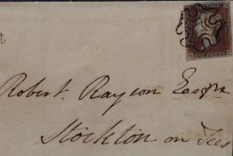 POSTAGE STAMP - 1841 1d RED, on deeply blued paper, on cover Neacham to Stockton on Tees, FU,