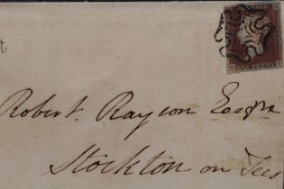 POSTAGE STAMP - 1841 1d RED, on deeply blued paper, on cover Neacham to Stockton on Tees, FU,