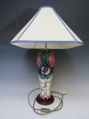 A TALL MODERN MOORCROFT POTTERY "TRIBUTE TO CHARLES RENNIE MACKINTOSH" PATTERN TABLE LAMP AND SHADE,
