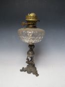 AN UNUSUAL 19TH CENTURY OIL LAMP, with clear reservoir, the plated column with fish and globe
