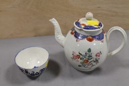 A 19TH CENTURY PEARLWARE TEAPOT, together with a Royal Worcester blue and white tea bowl, crescent