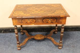 A WILLIAM AND MARY STYLE WALNUT OYSTER VENEERED AND INLAID SIDE TABLE, the top having elaborate