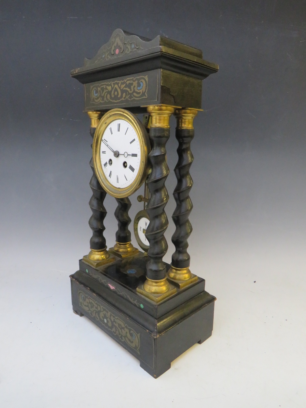 A LATE 19TH CENTURY PORTICO CLOCK, having a black ebonised frame with various boule embellishment - Image 4 of 7