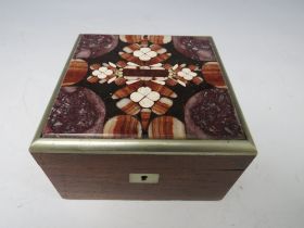 A VINTAGE PIETRA DURA AND ROSEWOOD BOX, H 6 cm, W 11 cm, D 10 cm