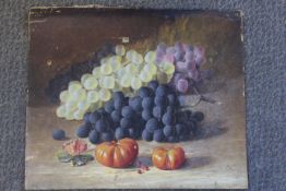 J. FORD. Still life study of fruit on a mossy background, signed and dated 1885 lower right, oil