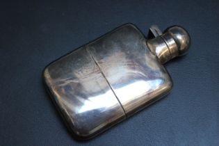 A SMALL HALLMARKED SILVER HIP FLASK - SHEFFIELD 1937, approx weight 110g, H 10 cm