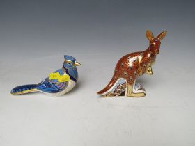 A ROYAL CROWN DERBY KANGAROO PAPERWEIGHT WITH SILVER STOPPER, together with a Crown Derby bird