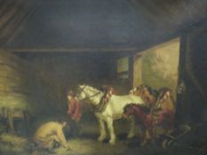 (XIX). British school, barn interior with horses and figures, unsigned, oil on canvas, framed, 58