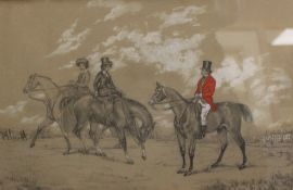 S.H. A hunting scene with ladies and gentleman on horseback, manor house in background, signed