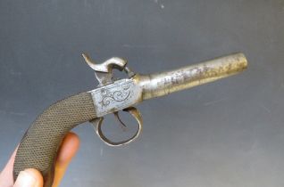 A 19TH CENTURY POCKET PISTOL, with percussion action, with chequered walnut stock and engraved