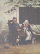 DE HOENISCHE (XIX). Continental school, an old couple sitting in a courtyard with a cat and dog