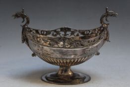 A HALLMARKED SILVER FOOTED BOWL - LONDON 1900, with pierced gallery and mythical bird 'handles',