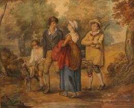 (XVIII-XIX). English school, study of four figures and a dog in wooded landscape, unsigned,