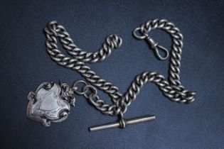 A HALLMARKED SILVER POCKET WATCH ALBERT CHAIN, with T bar and fob, L 30 cm