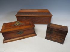 THREE ANTIQUE TREEN BOXES, comprising a carved rectangular example with additional hinged storage