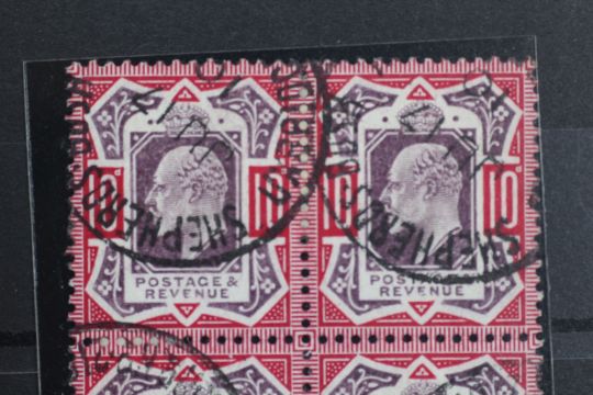 POSTAGE STAMPS - S.G. 254b KING EDWARD 10d DULL PURPLE AND CARMINE, a CDS used block of four, July - Image 2 of 3
