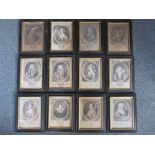 A SET OF TWELVE 18TH CENTURY OVAL PORTRAIT STUDIES OF PROMINENT PEOPLE OF THE TIME, engravings on