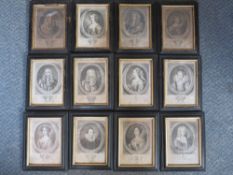 A SET OF TWELVE 18TH CENTURY OVAL PORTRAIT STUDIES OF PROMINENT PEOPLE OF THE TIME, engravings on