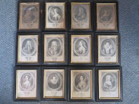 A SET OF TWELVE 18TH CENTURY OVAL PORTRAIT STUDIES OF PROMINENT PEOPLE OF THE TIME, engravings on