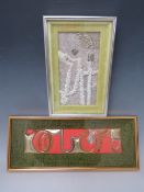 TWO MODERNIST BRITISH SCHOOL TEXTILE COLLAGES, framed and glazed, 14 x 38 cm, and 25 x 15 cm